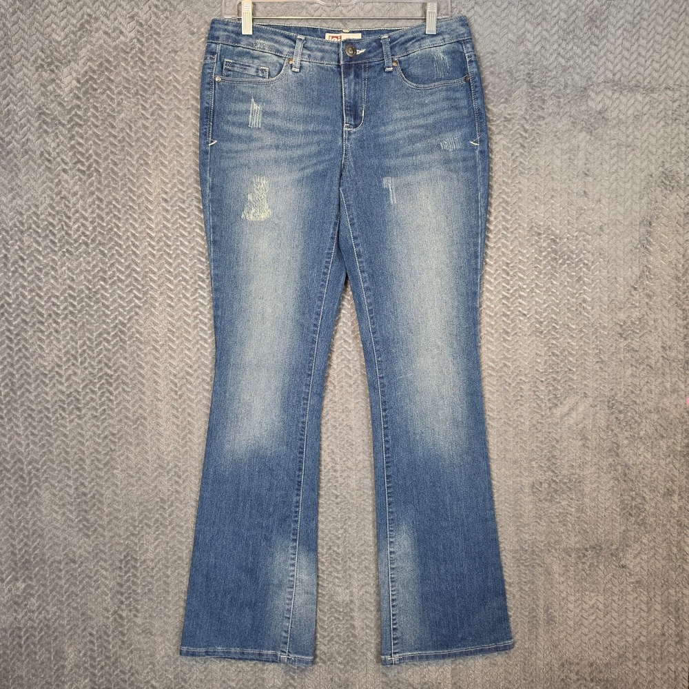 LEI Felicia Y2K Low Rise Bootcut Jeans 9 Regular Medium Wash Distressed Blue